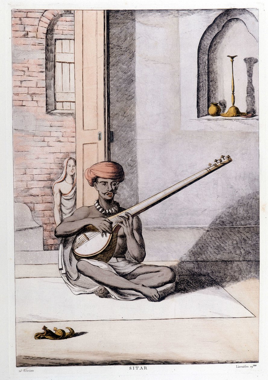 Intialainen kulttuuri ja sivilisaatio: muusikko, joka soittaa sitaria, perinteistä soitinta, Intia. Kaiverrus 1808. tekijältä Unknown artist