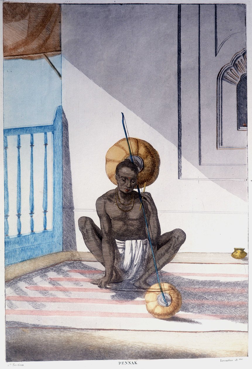 Intialainen kulttuuri, sivilisaatio ja yhteiskunta: muusikko perinteisellä intialaisella kielisoittimella. Kaiverrus vuodelta 1808. tekijältä Unknown artist