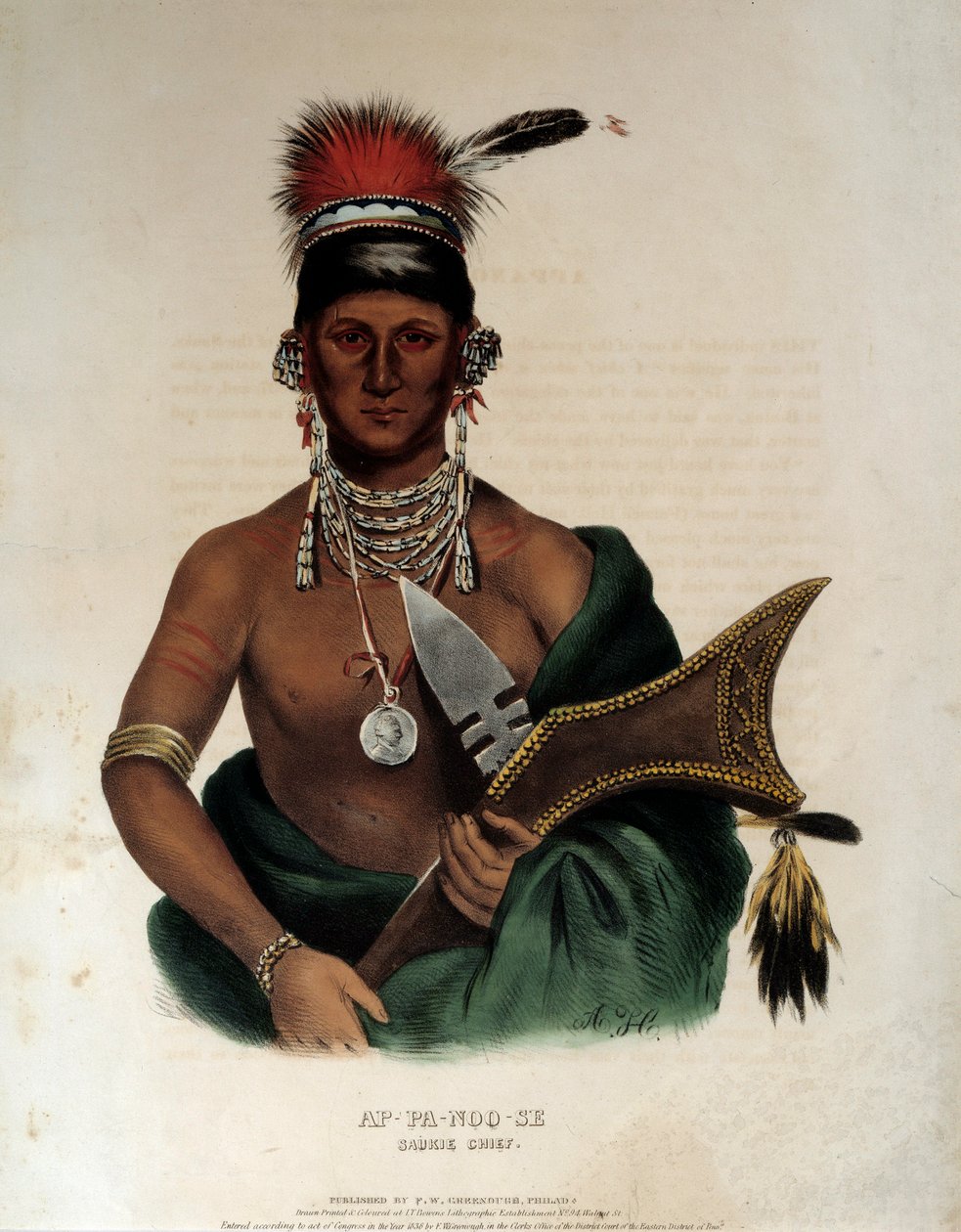 Amerikan intiaani: "" Saukie Ap Pa Noo Seen intiaanipäällikön muotokuva"" Anonyymi litografia 1836 La Rochelle, Musee du Nouveau Monde tekijältä Unknown artist