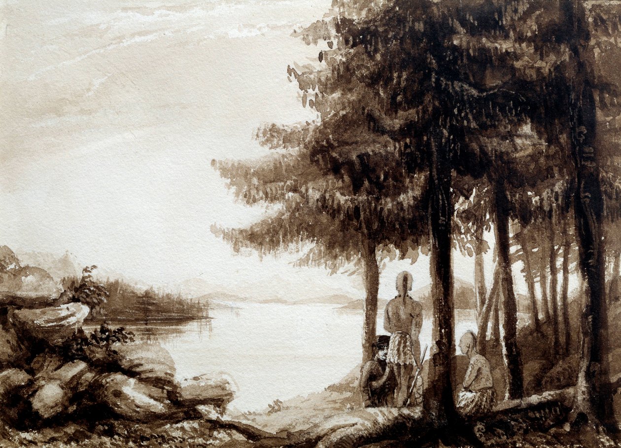 Intiaanit järven rannalla. 1800-luvun litografia. La Rochelle, Musee Du Nouveau Monde tekijältä Unknown artist