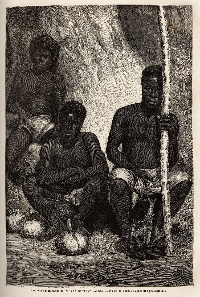 Alkuperäinen hedelmäkauppias Noumean (Uusi-Kaledonia) markkinoilla. Kaiverrus havainnollistamaan matkaa Uuteen-Kaledoniaan vuosina 1863–1866, Jules Garnierin, kaivosinsinöörin, "Le tour du monde, nouveau journal des voyages" -julkaisussa, joka julkaistiin  tekijältä Unknown artist