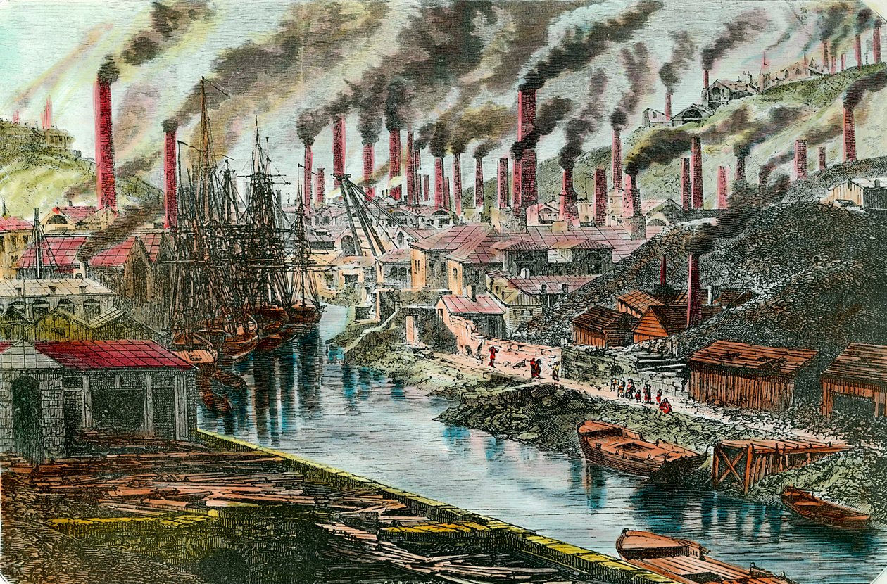 Teollinen vallankumous: Yleiskatsaus herra Vivianin kuparitehtaan Swanseassa, Walesissa. Kaiverrus 1800-luvulta. Yksityinen kokoelma. tekijältä Unknown artist