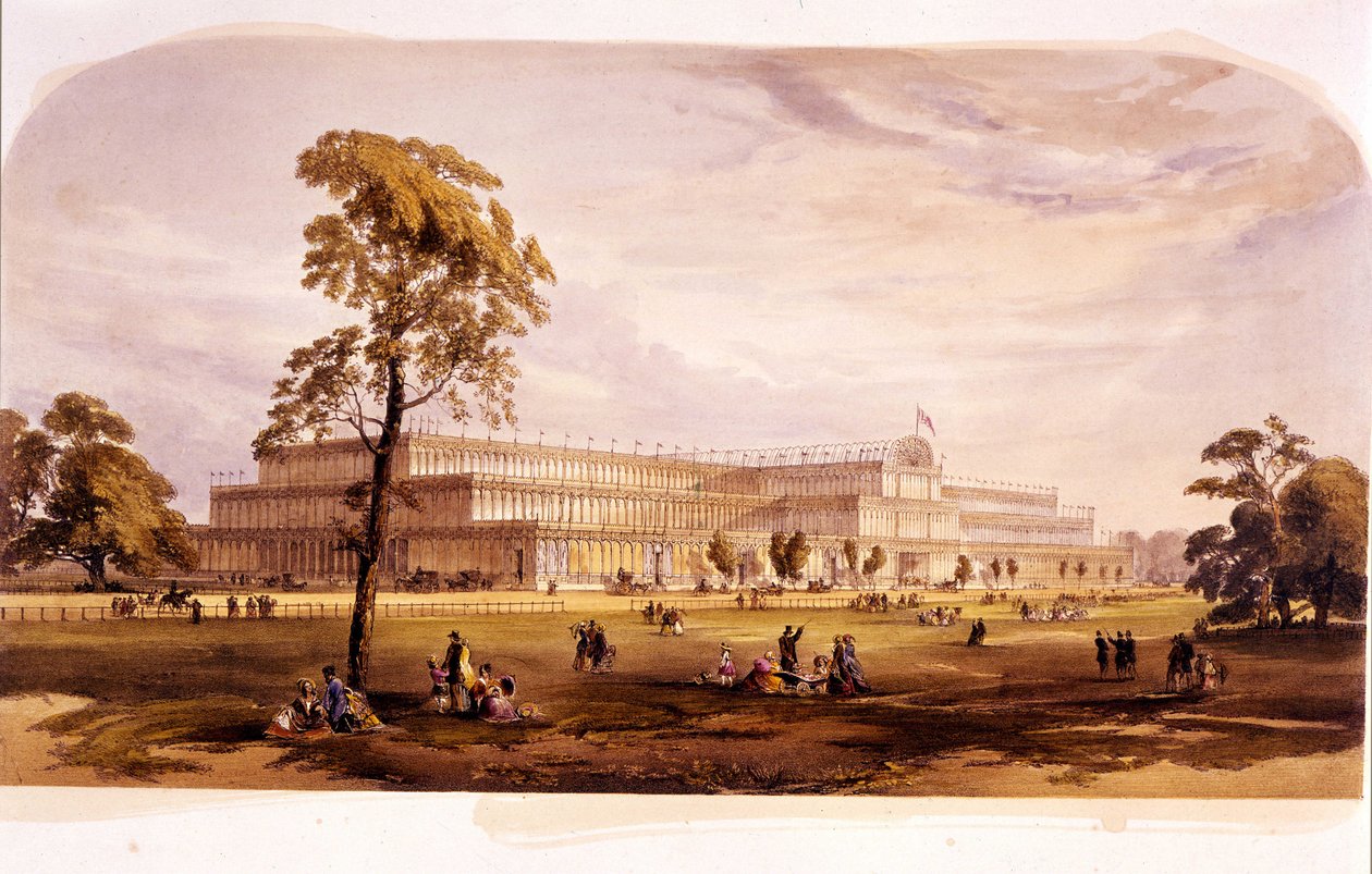 Teollinen vallankumous: näkymä Crystal Palacesta, jonka Joseph Paxton rakensi vuoden 1851 maailmannäyttelyä varten Lontoossa (Hyde Park) 1800-luvulla tekijältä Unknown artist