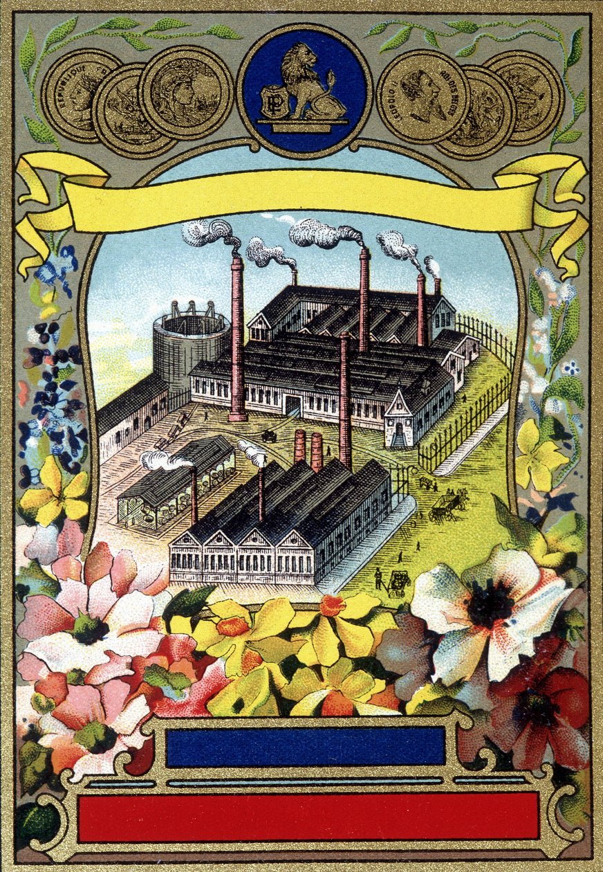 Teollistuminen: Ilmakuva tehtaasta. 1800-luvun lopun kromolitografia. tekijältä Unknown artist