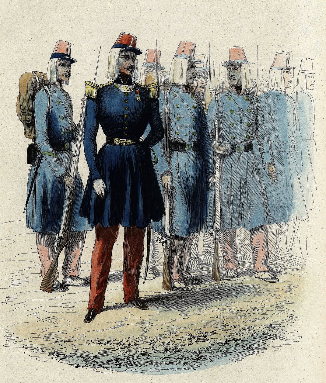 Ranskan armeijan jalkaväki vuonna 1830 Algeriassa, upseeri, aliupseerit ja sotilaat, Leon Galibertin teoksessa L