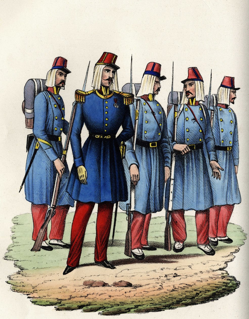 Ranskan Afrikan armeijan jalkaväki; upseeri, aliupseeri ja sotilaat Algeriassa vuonna 1830. Teoksessa ”” Storia d