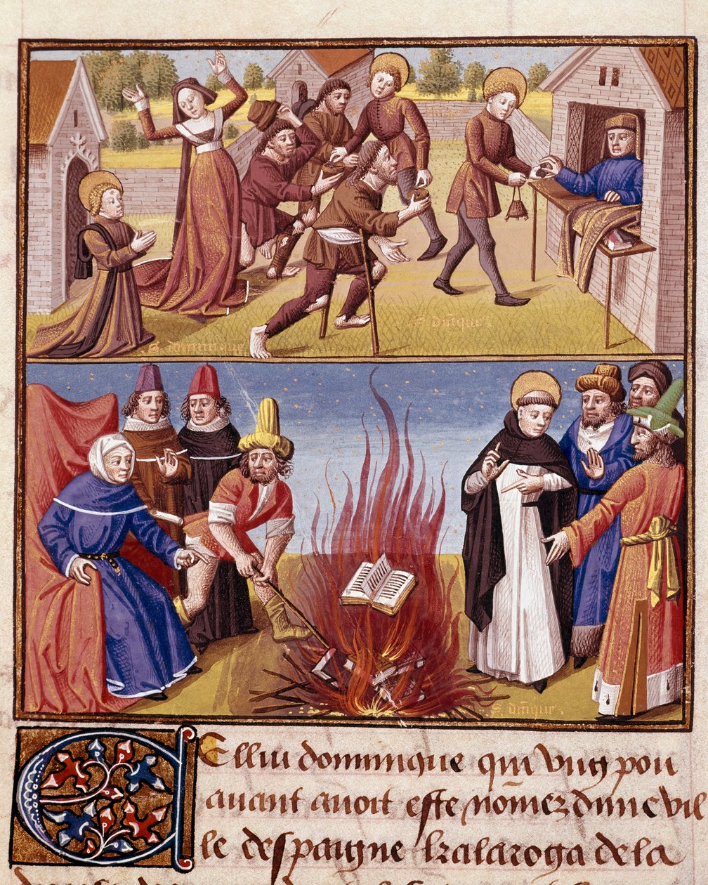 Inkvisitio "" Autodafea johtaa Dominikaanisen ritarikunnan perustaja Saint Dominique de Guzman (1170-1221), todiste harhaoppisen kirjan ja ortodoksisen kirjan tulipalosta"" Miniatyyri teoksessa "" Le miroir historial"" (Speculum Historiale) ( ms. 1196, fol tekijältä Unknown artist