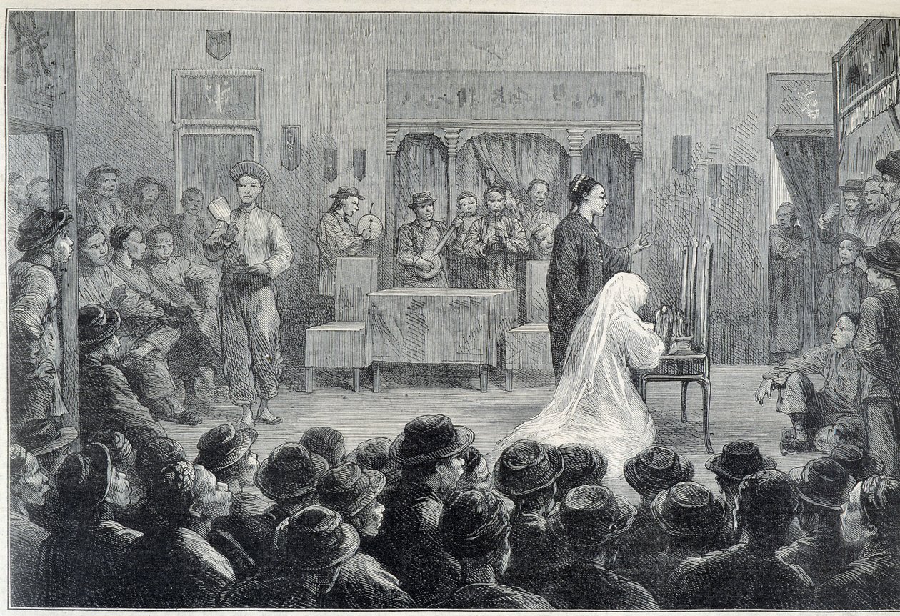 Kiinalaisen teatterin sisällä Kaliforniassa 1800-luvun lopulla. tekijältä Unknown artist