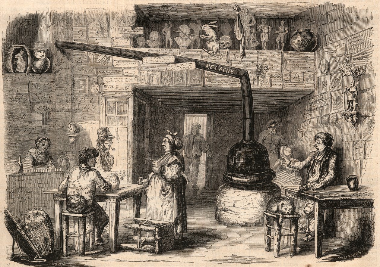 Le Lapin Blanc (Rabbit-Blanc) -kabaree, rue aux feves Pariisissa ennen sen purkamista. Taverna, joka juontaa juurensa monarkian ensimmäiseltä ajalta. Kaiverrus "" Le Monde illustrious"" vuodelta 1862. Yksityinen kokoelma. tekijältä Unknown artist