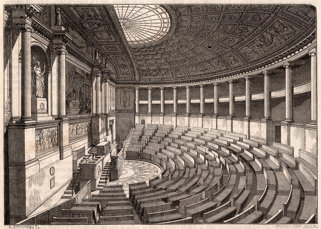Sisäkuva edustajainhuoneesta (kansalliskokous), aiemmin nimeltään Palais Bourbon, Pariisi, Ranska tekijältä Unknown