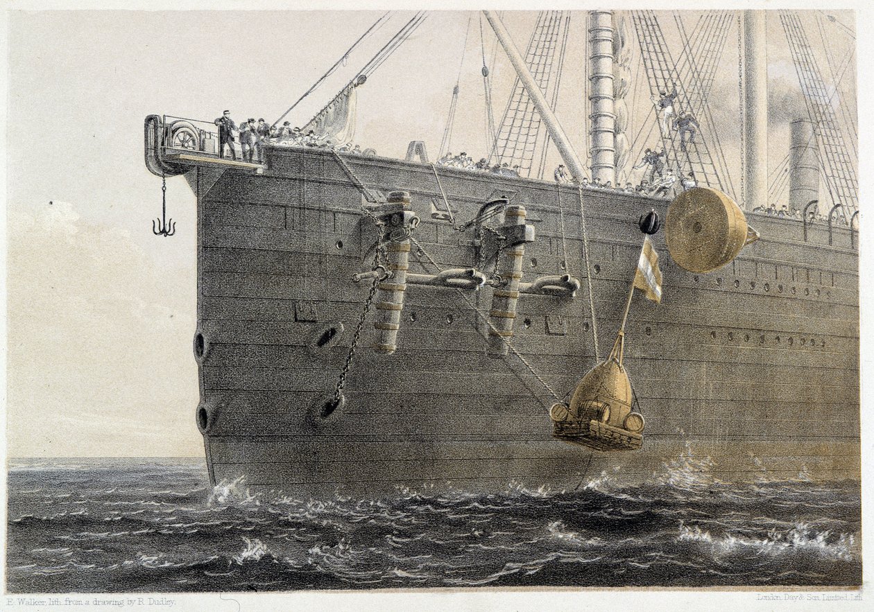 Merenalaisen kaapelin asennus vuonna 1858 (maamerkkipoiju) - W. H. Russelin "The Atlantic Telegraph", noin 1860 tekijältä Unknown artist
