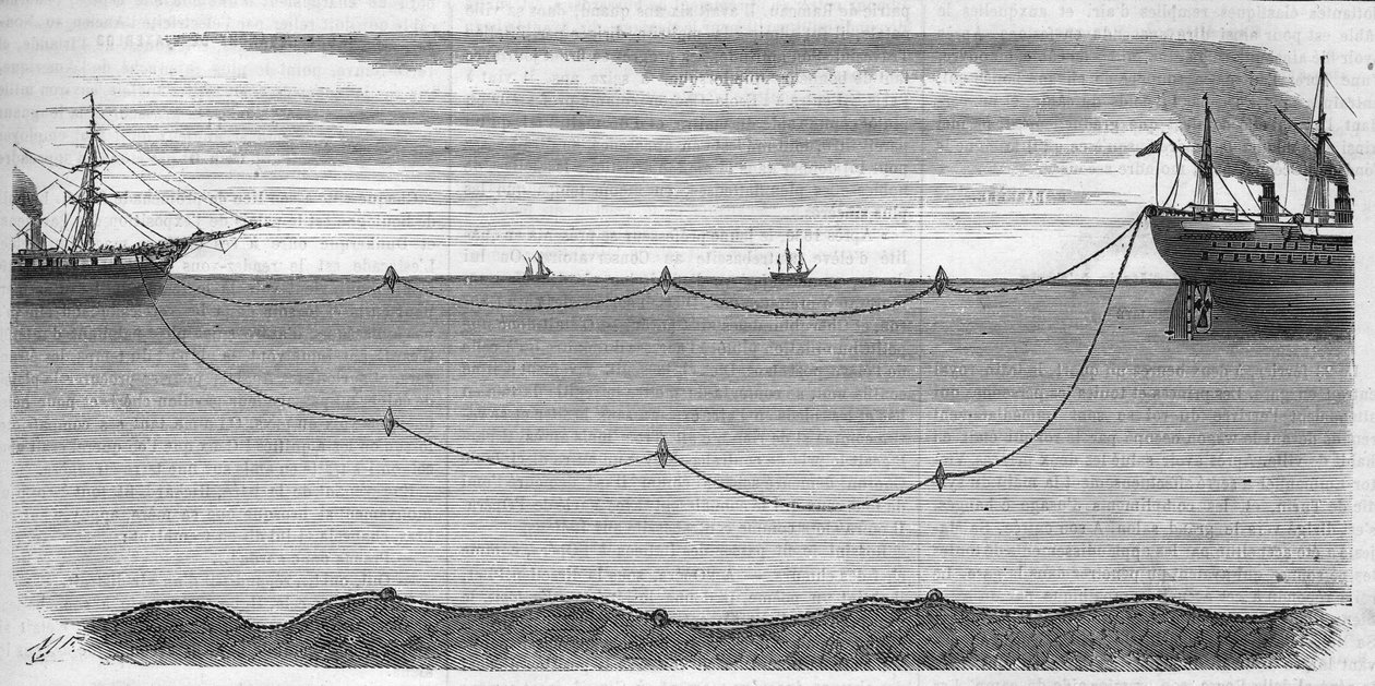 Euroopan ja Amerikan yhdistämiseen tarkoitetun transatlanttisen sähkökaapelin asennus vuonna 1865. Poijujärjestelmä, jota käytettiin estämään sähkökaapelin katkeamisesta asennuksen aikana. Operaatiosta vastannut alus oli Great Eastern. Kaiverrus vuodelta 1 tekijältä Unknown artist