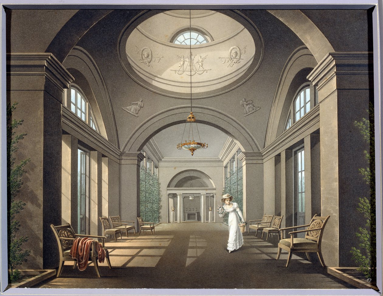 Lintuhuoneen sisustus Pavlovskin palatsissa. Anonyymi maalaus. Akvarelli ja tussi, 1800-luvun puoliväli. Klassismi. Valtion ulkoilmamuseo Pavlovsk Palace, Pietari. tekijältä Unknown artist