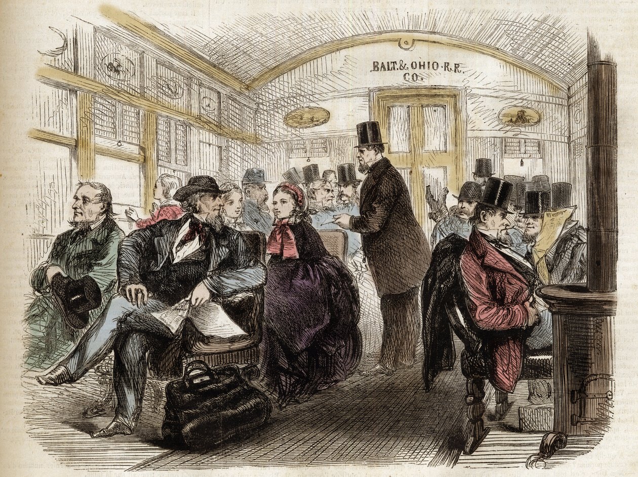 Vaunun sisäpuoli Baltimore & Ohio Railroadilla, USA - 1861 - amerikkalaisen vaunun sisäpuoli vuonna 1860 tekijältä Unknown artist