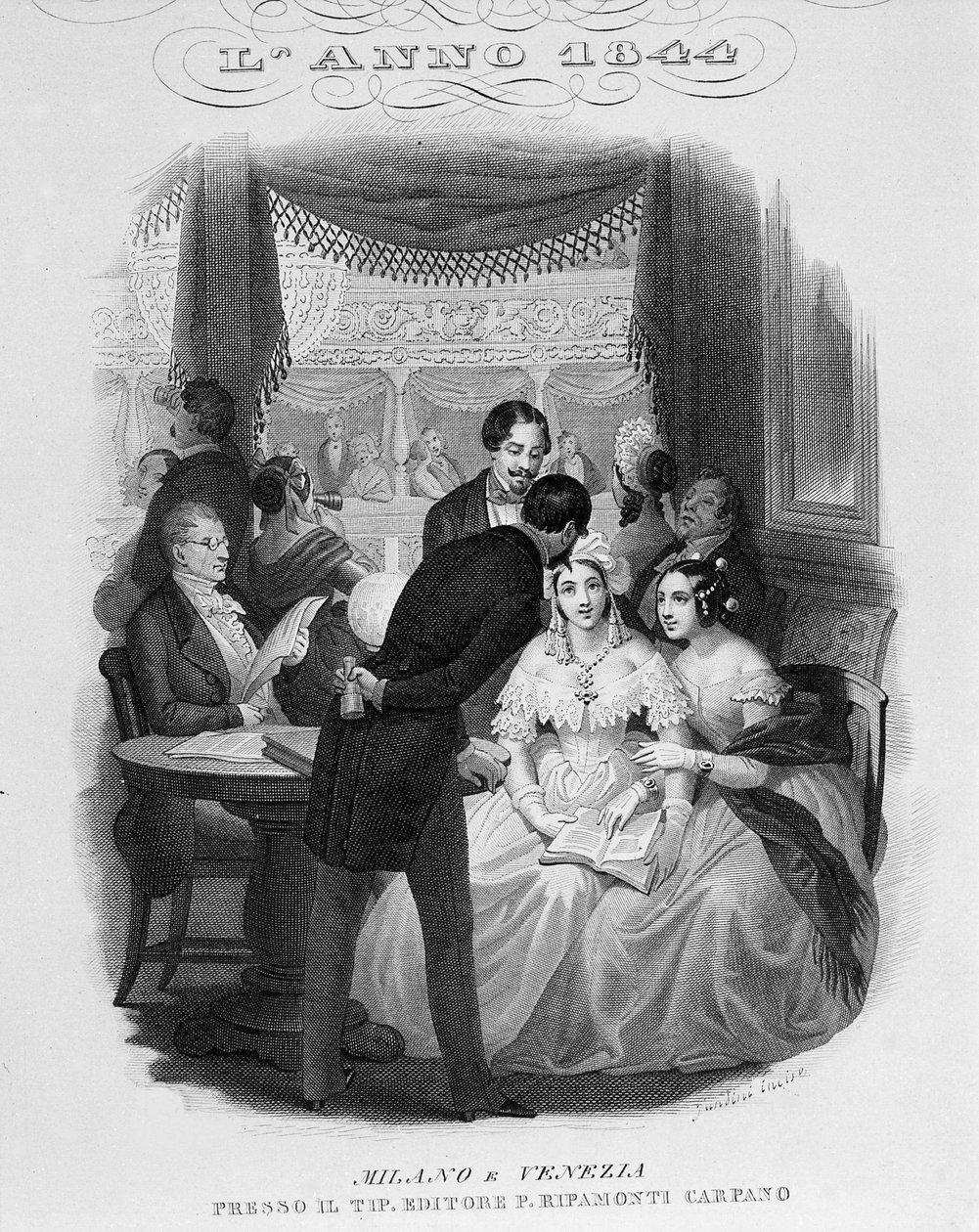 Teatro alla Scalan majatalon sisustus. 1844. tekijältä Unknown artist