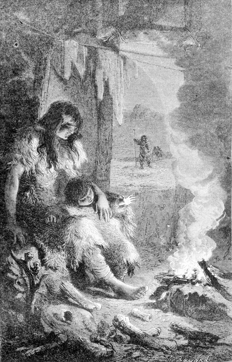 Esihistoriallisen mökin sisustus. 1800-luvun kaiverrus. tekijältä Unknown artist