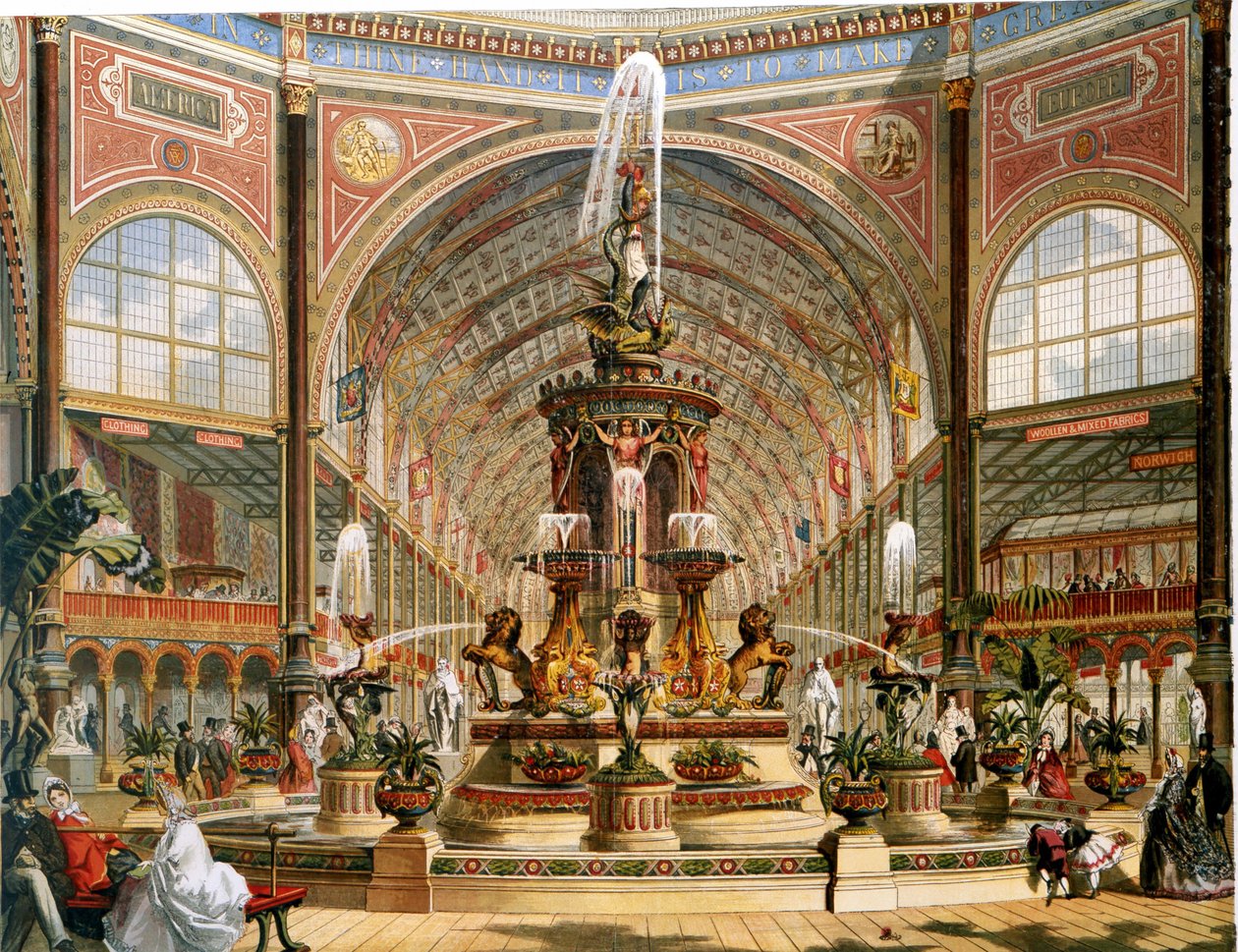 Crystal Palacen sisustus vuoden 1862 kansainvälisen näyttelyn aikana. Mintonin majolicasuihkulähde. Kromolitografia. tekijältä Unknown artist