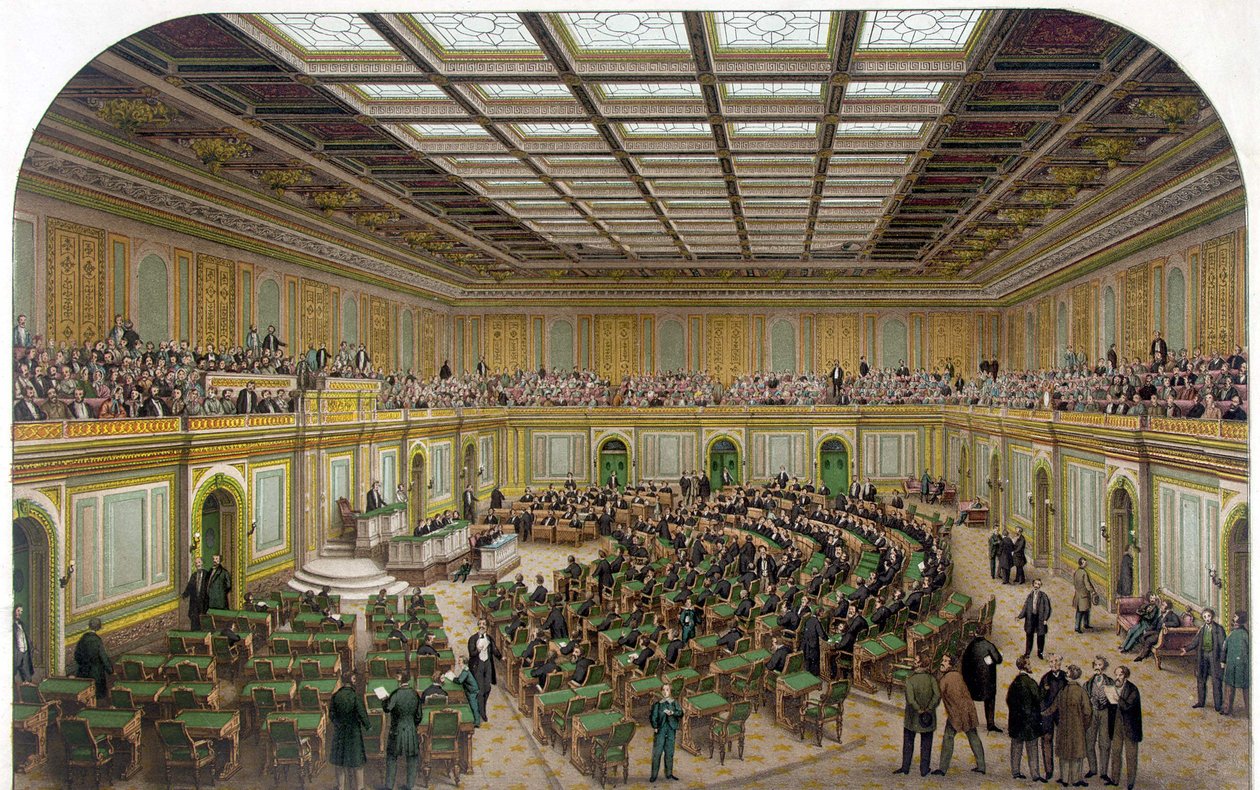 Sisäkuva US Capitol -huoneiston edustajainhuoneesta, jossa näkyy kongressi istunnossa ja katsojat galleriassa - Kaiverrus 1866. tekijältä Unknown artist