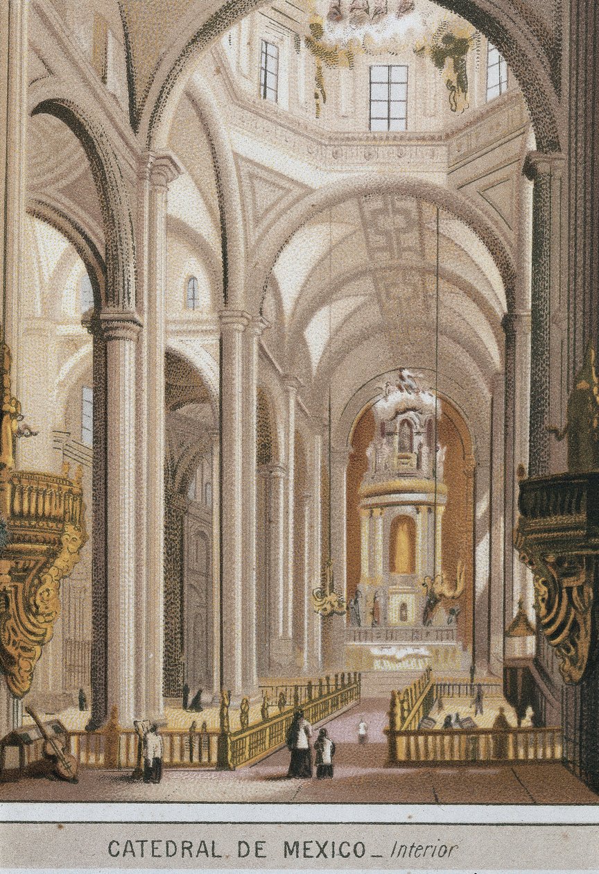 Sisäkuva Guadalajaran katedraalista Mexico Cityssä, Meksikossa. Kromolitografia noin 1880 tekijältä Unknown artist
