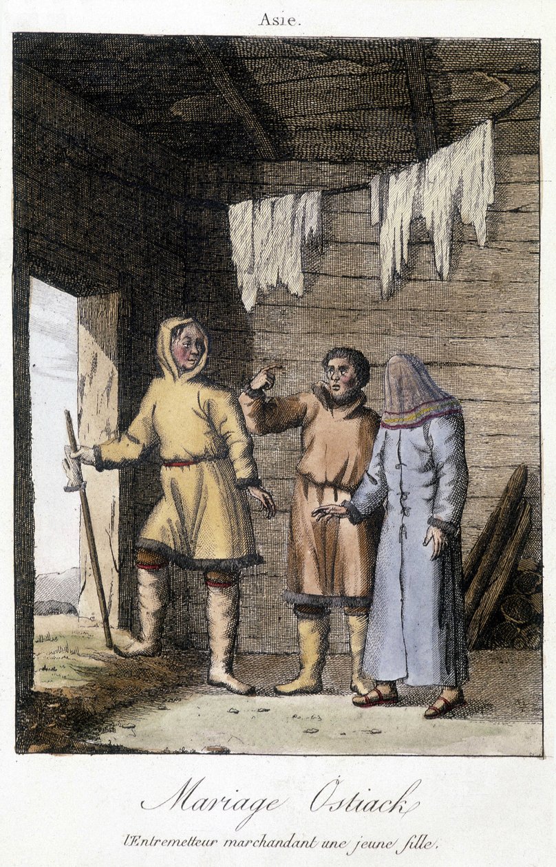 Välittäjä tinkimässä nuorta tyttöä häihin Ostiak (hanti tai khante) (Obin laakson keskialueen metsäalueelle perustettu paleosiberialainen metsästäjäheimo). tekijältä Unknown artist