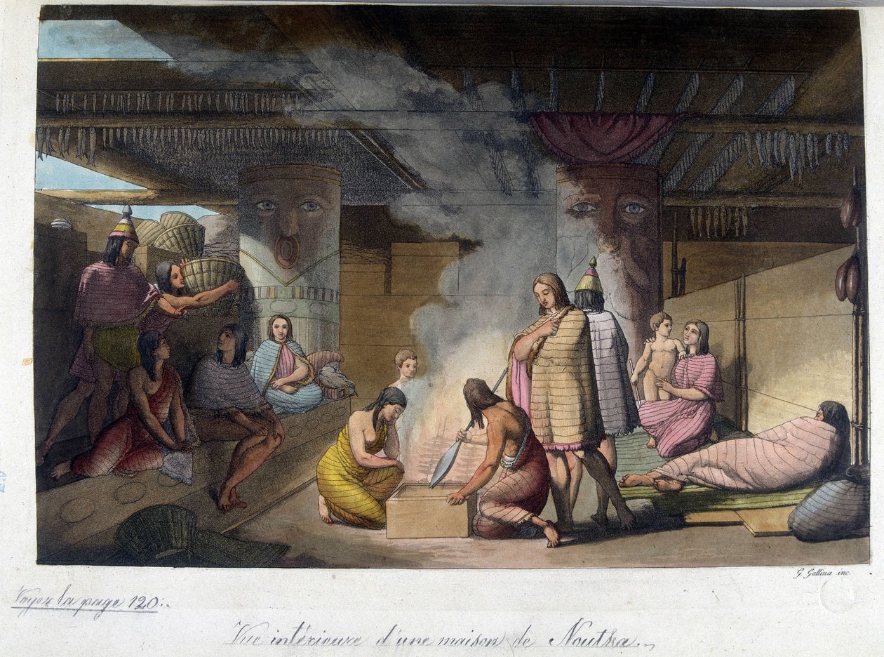 Sisäkuva talosta Nutkassa, Venäjällä. "" Vanha ja moderni puku" 1819-1820, Ferrario. tekijältä Unknown artist