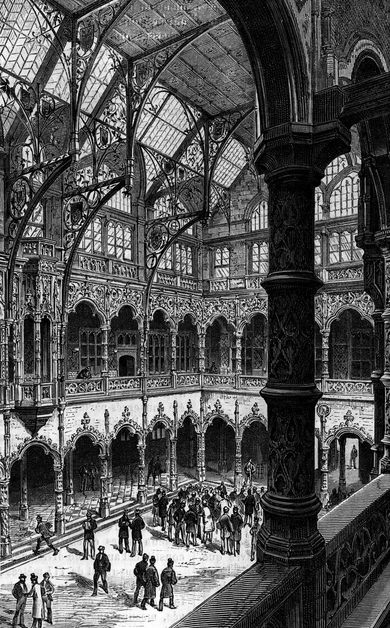 Antwerpenin pörssin sisäkuva 1800-luvulla. Kaiverrus "Le Journal de la jeunesse" tekijältä Unknown artist