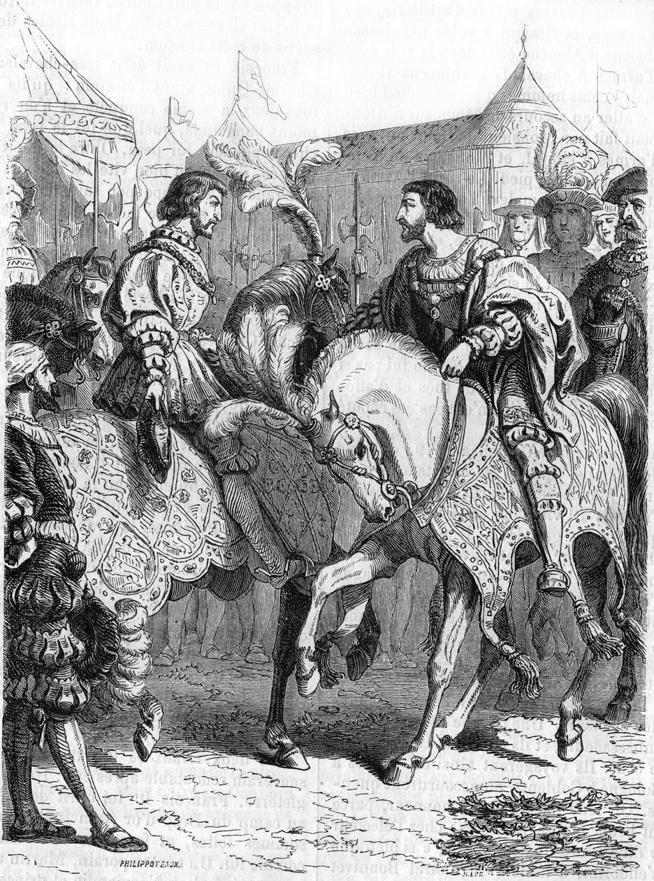 Francois 1:n ja Henry VIII:n haastattelu. Kaiverrus 1800-luvulta. tekijältä Unknown artist