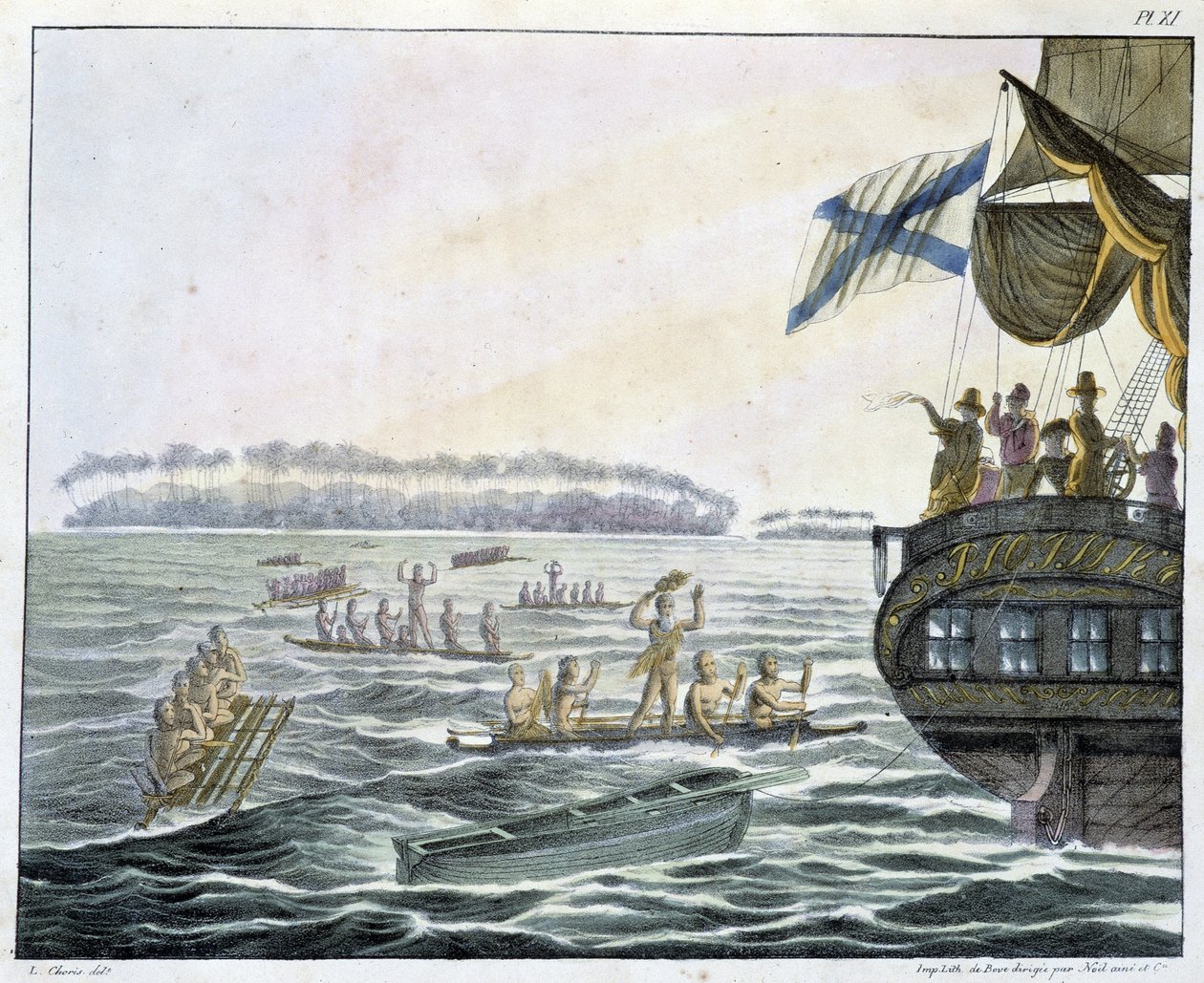Haastattelu Penrhyn-saarten asukkaiden kanssa "" Näkymät ja maisemat päiväntasauksen alueilla, kerätty matkalla maailman ympäri", sd. 1800-luvun alku tekijältä Unknown artist
