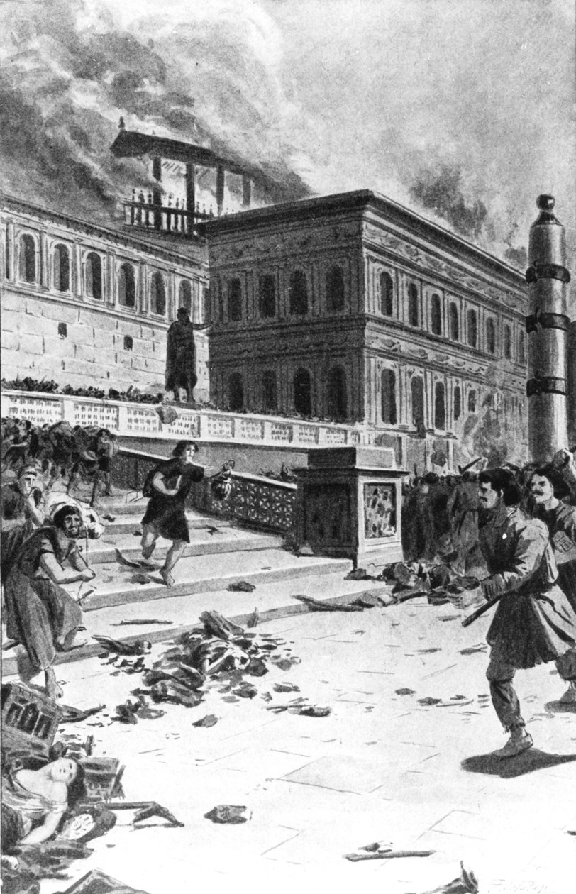Visigoottien kuninkaan Alarik I:n hyökkäys ja ryöstely Roomaan vuonna 410 (Rooman pyhä). Kaiverrus 1800-luvulta. tekijältä Unknown artist