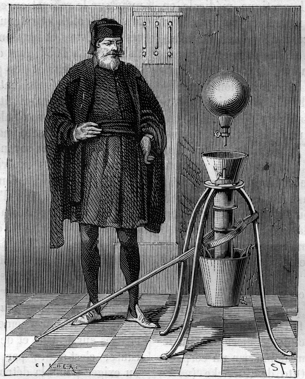 Keksintö: Saksalaisen keksijän Otto de Guericken (Otto de Guericke) (1602-1686) pneumaattinen kone. Kaiverrus "La Nature" tekijältä Unknown artist