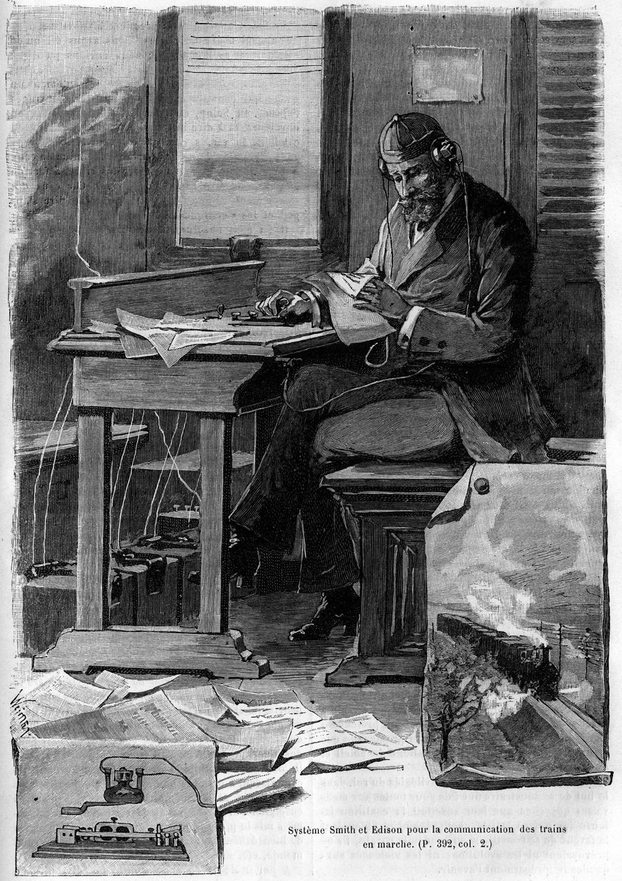Smith ja Edison -järjestelmän keksintö juoksevien junien viestintään. Kaiverrus "" La jeunesse" -päiväkirjassa tekijältä Unknown artist