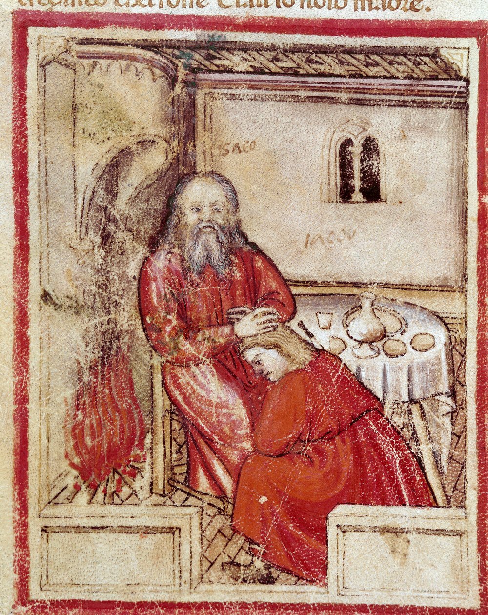 Iisak syötyään poikansa Jaakob Benitin tuoman lapsen uskoen, että se on Esau-miniatyyri koodista 212 (tai padovano-koodeksista tai Padovan Raamatusta) 1390-1400 Rovigo, Accademia dei Concordi tekijältä Unknown artist