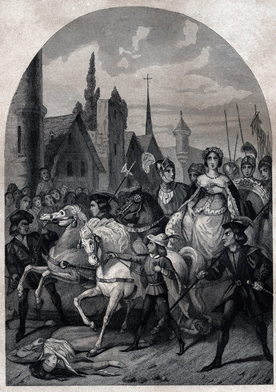Isabella Baijerilainen (1371-1435) saapui Pariisiin vuonna 1389 - Entree de la Reine de France Isabeau (Isabelle, Elisabeth) de Baviere (1371-1435) a Paris - Kaiverrus vuodelta 1842 kirjassa "Histoire des Popes: rikokset, murhat, myrkytykset kansanmurha, a tekijältä Unknown artist