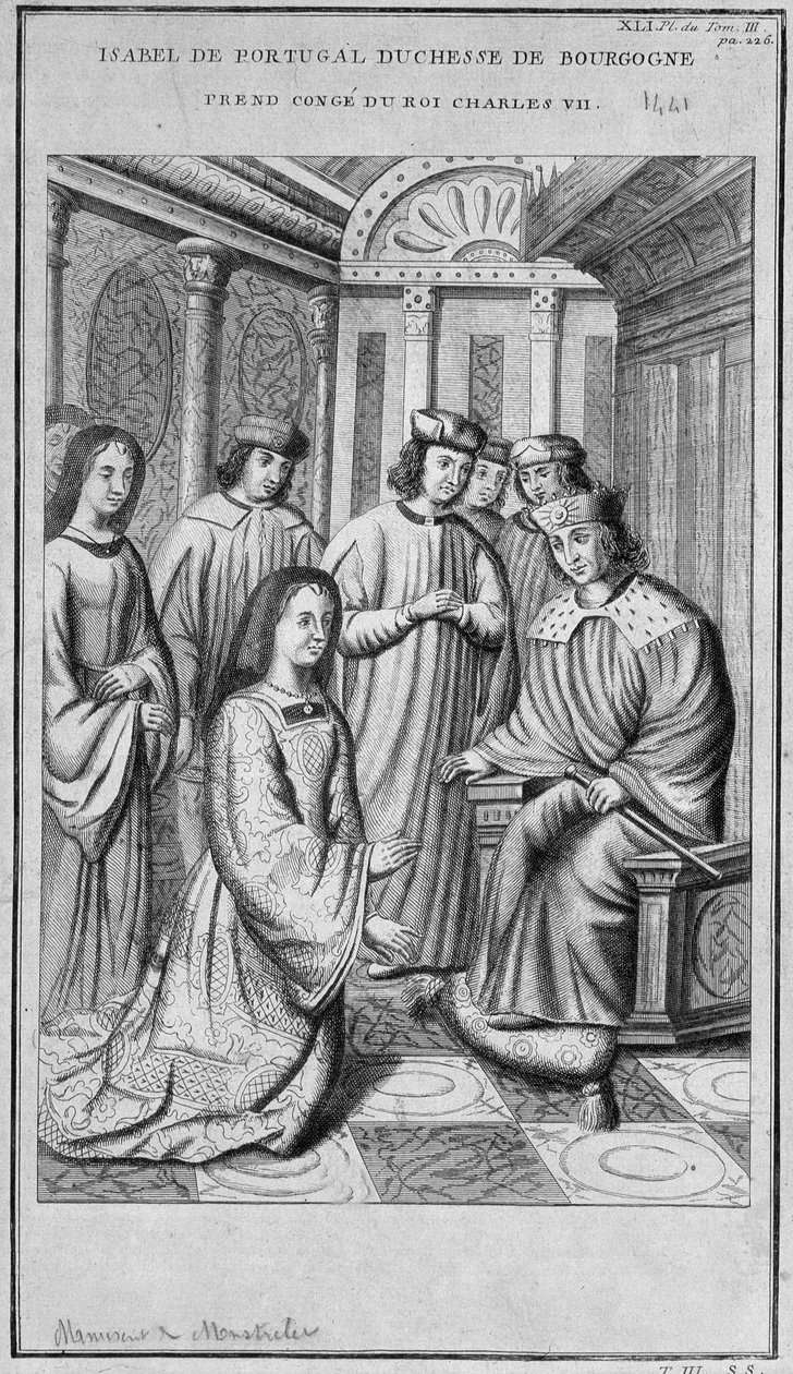Isabella Portugalilainen (1397-1472) Burgundin herttuatar ottaa kovasti vastaan kuningas Kaarle VII:n. tekijältä Unknown artist