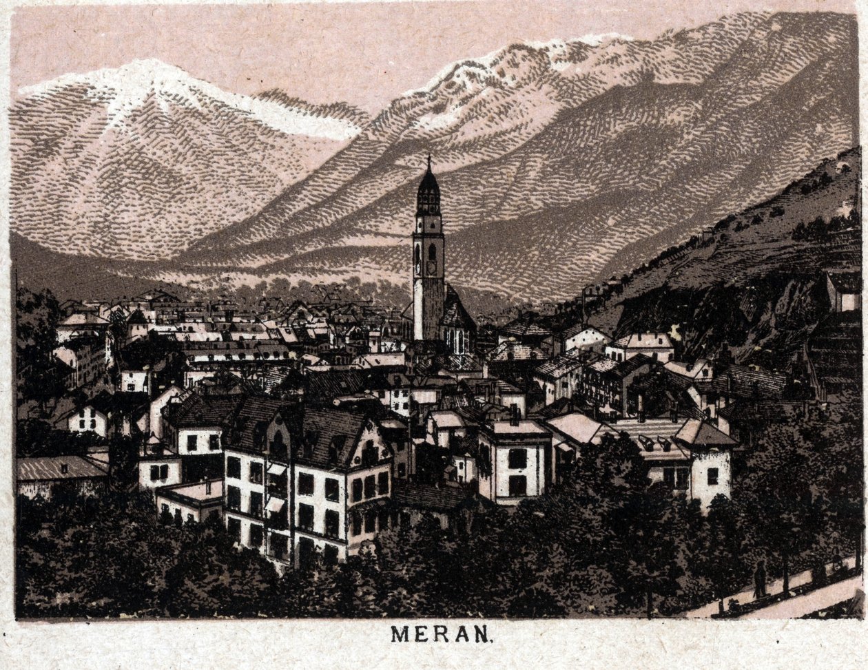 Italian Tiroli: näkymä Meranin kaupunkiin (Merano). kirjassa "" Maailma havainnollistaa 168 näkymää"" Päiväämätön (1800-luvun loppu) tekijältä Unknown artist