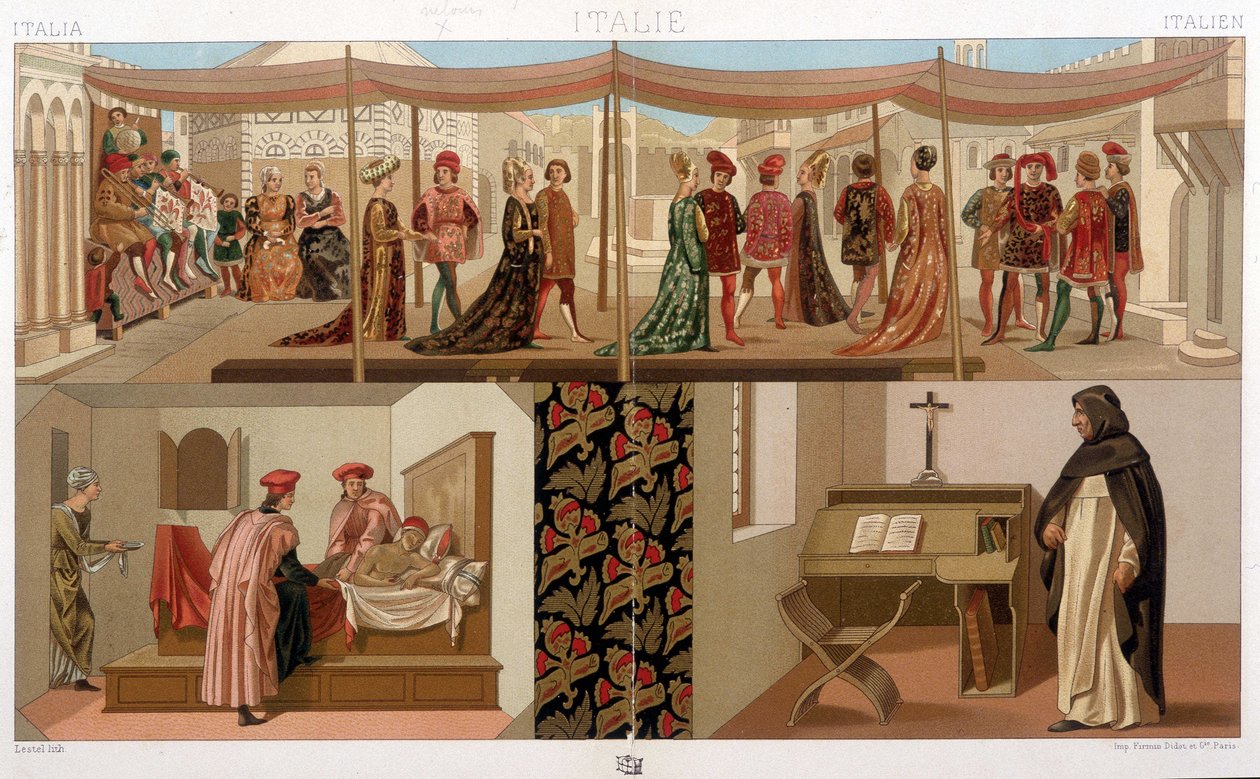 Italialaiset puvut 1400-luvulta. A. Racinetin teoksessa "" Historiallinen puku". tekijältä Unknown artist