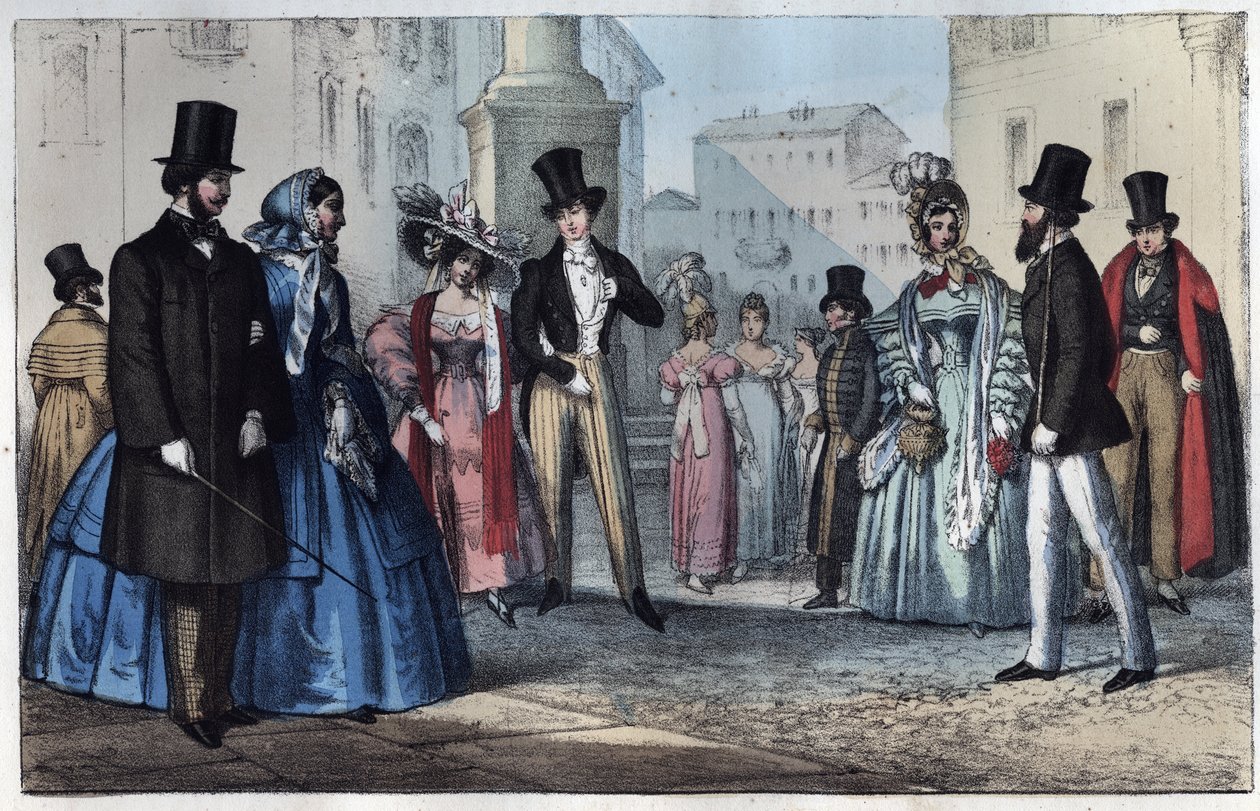 Italialaista muotia 1800-luvulla - kaiverrus kirjasta "Universumin kaikkien kansojen käyttö ja tavat". Eli kaikkien kansojen hallituksen, lakien, miliisin, uskonnon historia kaukaisimmista ajoista nykypäivään "1856 tekijältä Unknown artist