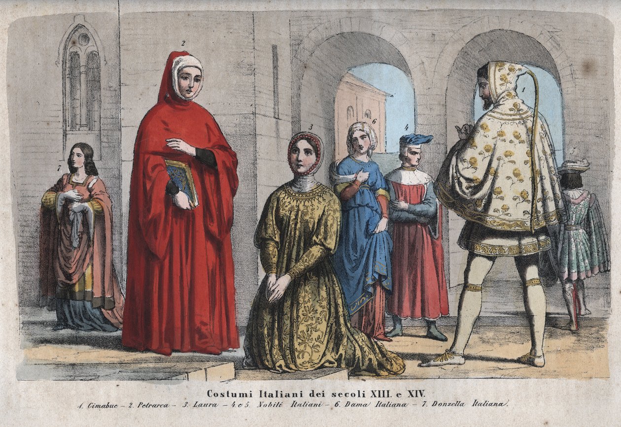 XIII ja XIV vuosisadan italialainen muoti - Cenni di Pepo, dit Cimabue (1240-1302) - Francesco Petrarca (Petrarch) (1304-1374) - Laura de Noves (1310-1348) - italialaiset aateliset - italialainen nainen - italialainen neito - kaiverrus kirjasta "" Kaikkien tekijältä Unknown artist