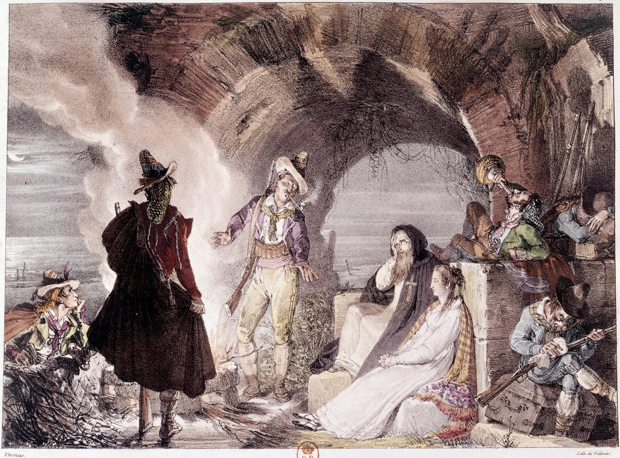 italialaiset ryöstäjät. Rosvot, toiset juovat toiset nukkuvat. Kaiverrus 1800-luvulta. Paris, B.N. tekijältä Unknown artist