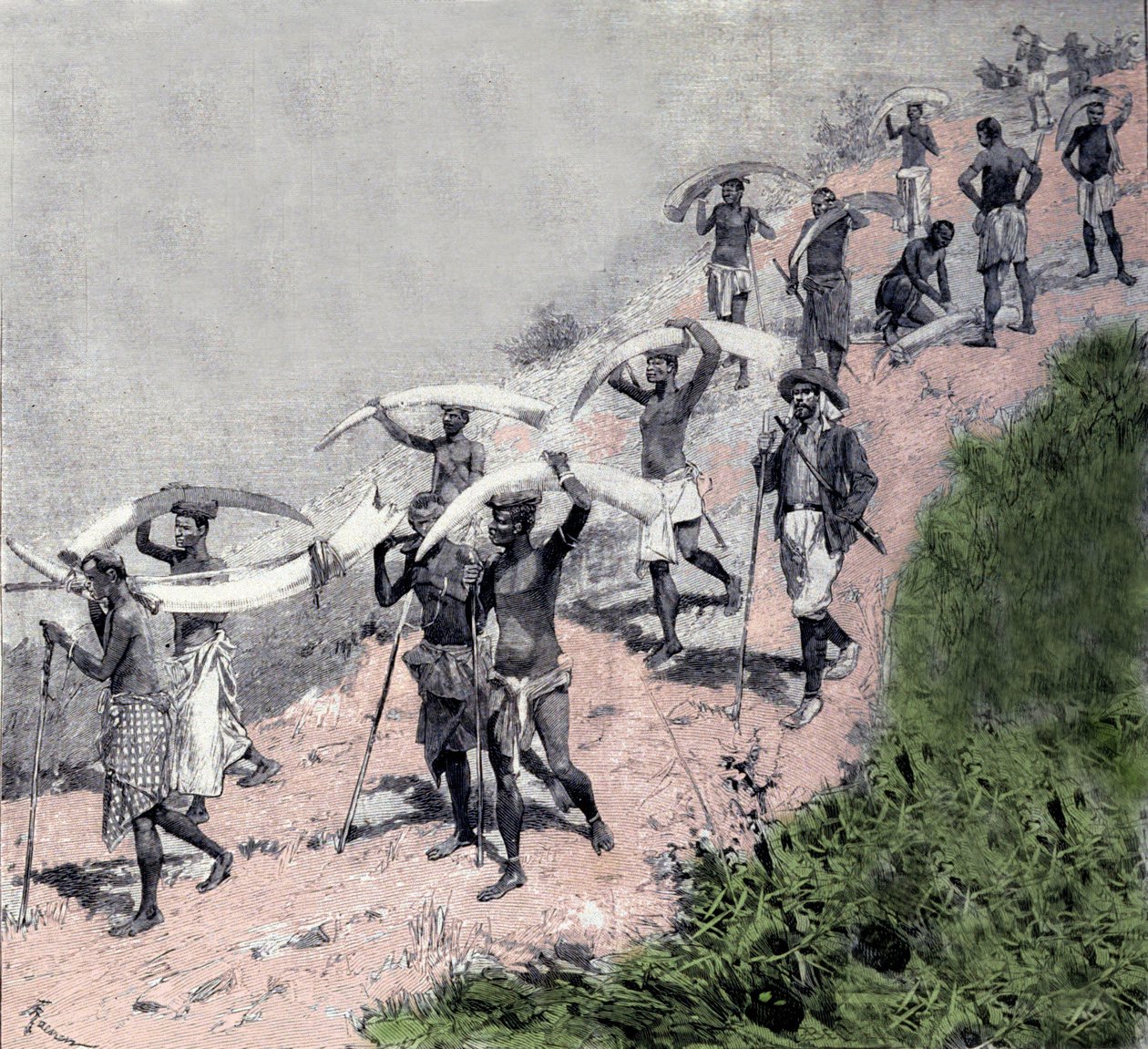 Norsunluukauppa: kongolaisten kantovaunujen karavaani kantaa elefantteja. Kaiverrus 1800-luvulta tekijältä Unknown artist