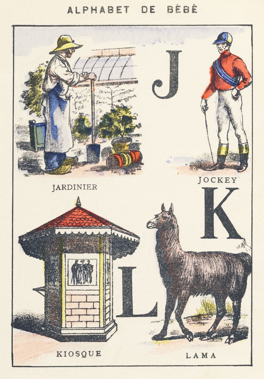 J K L: puutarhuri, jockey, kioski, laama tekijältä Unknown artist