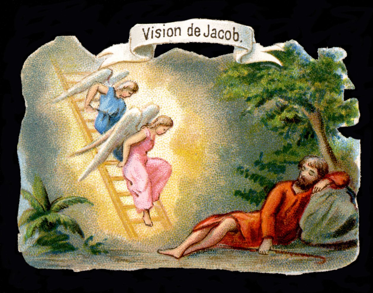 Jaakobin näytä edustavat enkelit, jotka laskeutuivat taivaasta tikkaiden kautta. 1800-luvun kromolitografia. tekijältä Unknown artist