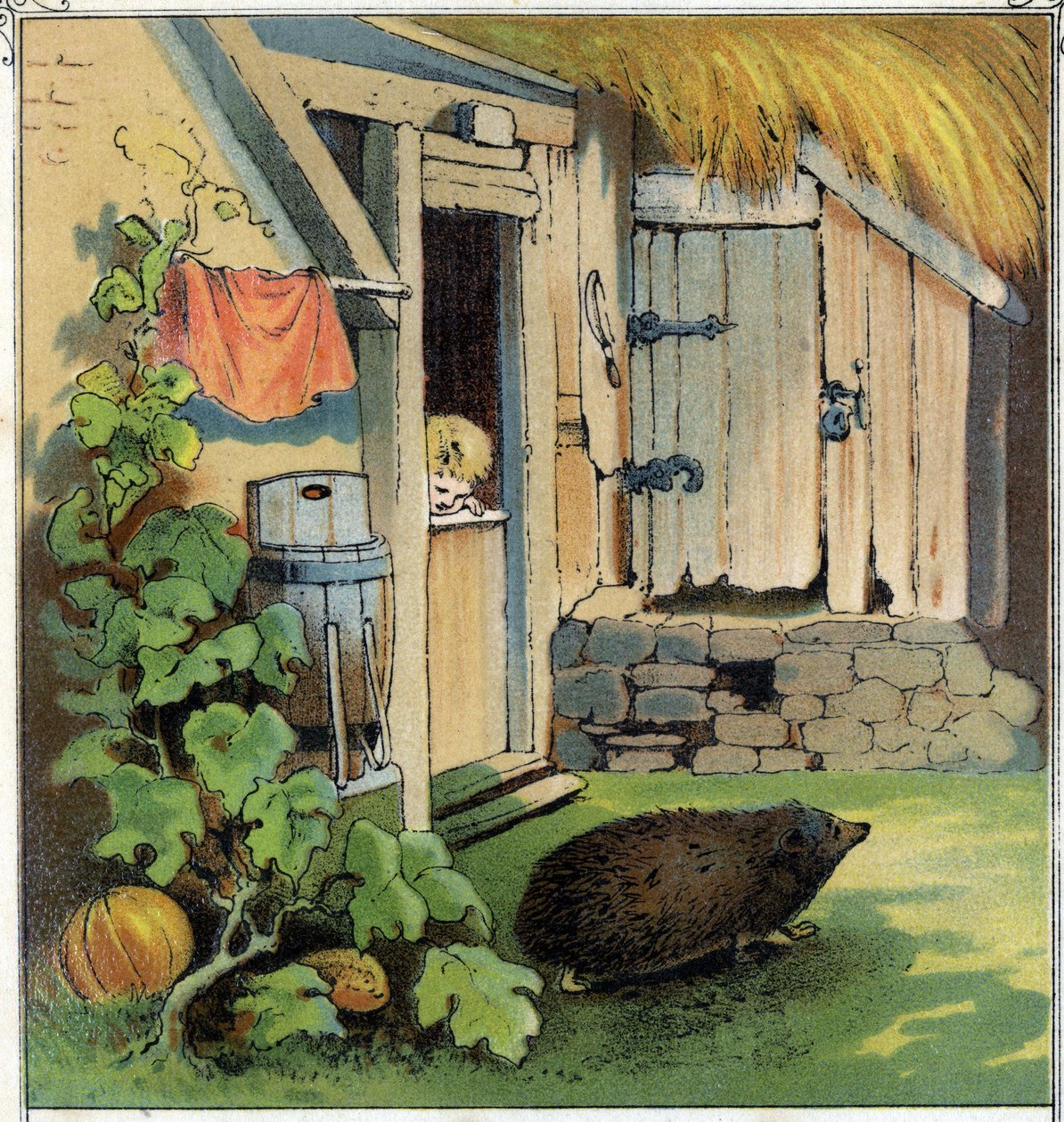 Jacques havaitsee herissonin ylittävän talonsa sisäpihan. Kromolitografia julkaisusta "" Scenes enfantines", toim. Guerin - Muller noin 1885. tekijältä Unknown artist