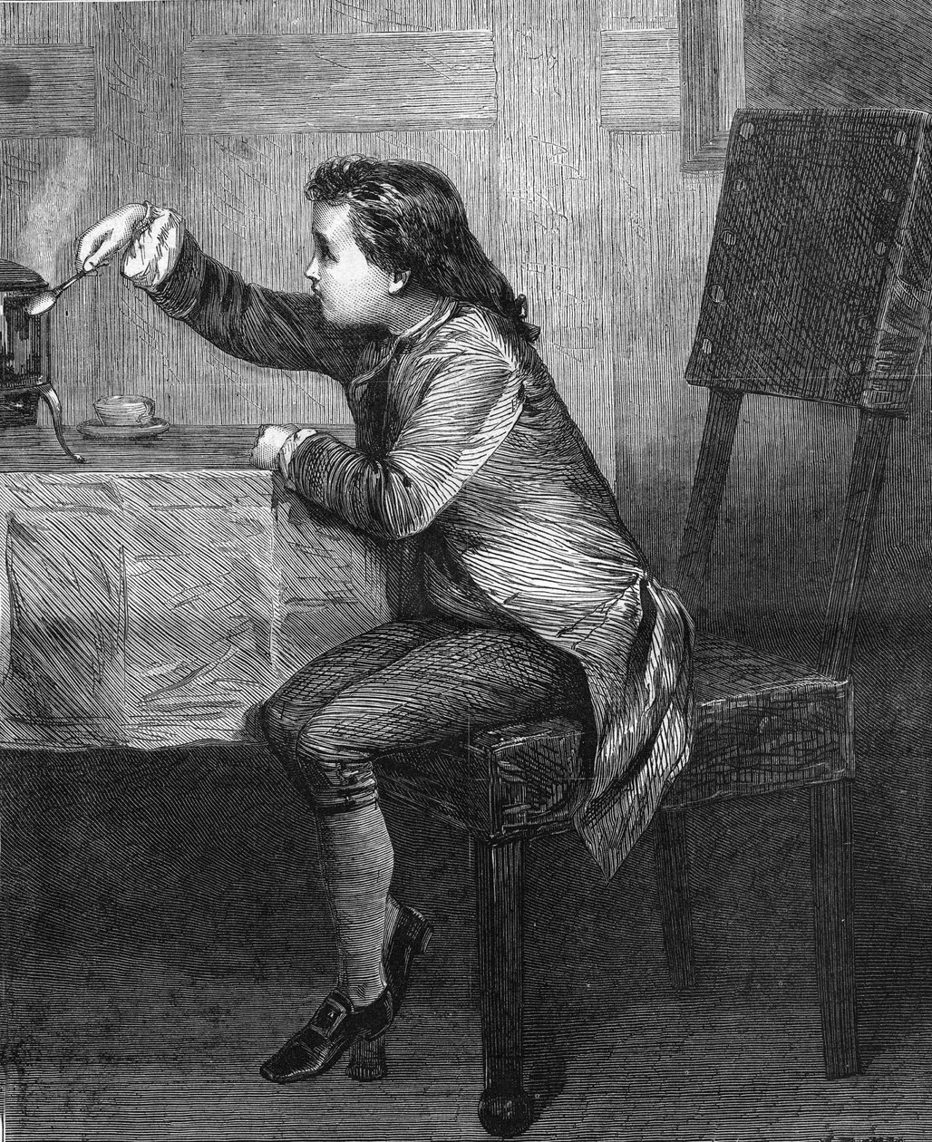 James Watt (1736-1819) lapsi, joka löytää höyryn lakeja. Kaiverrus vuodelta 1868 Marcus Stonen maalauksen mukaan. tekijältä Unknown artist