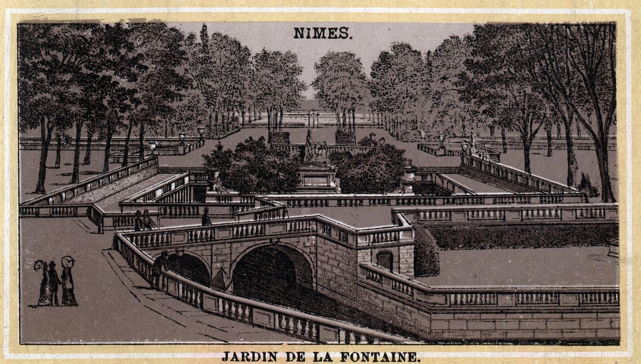 Jardin de la Fontaine Nimesissä (Gard, Languedoc-Roussillon). 1800-luvun lopun kromolitografia. tekijältä Unknown artist