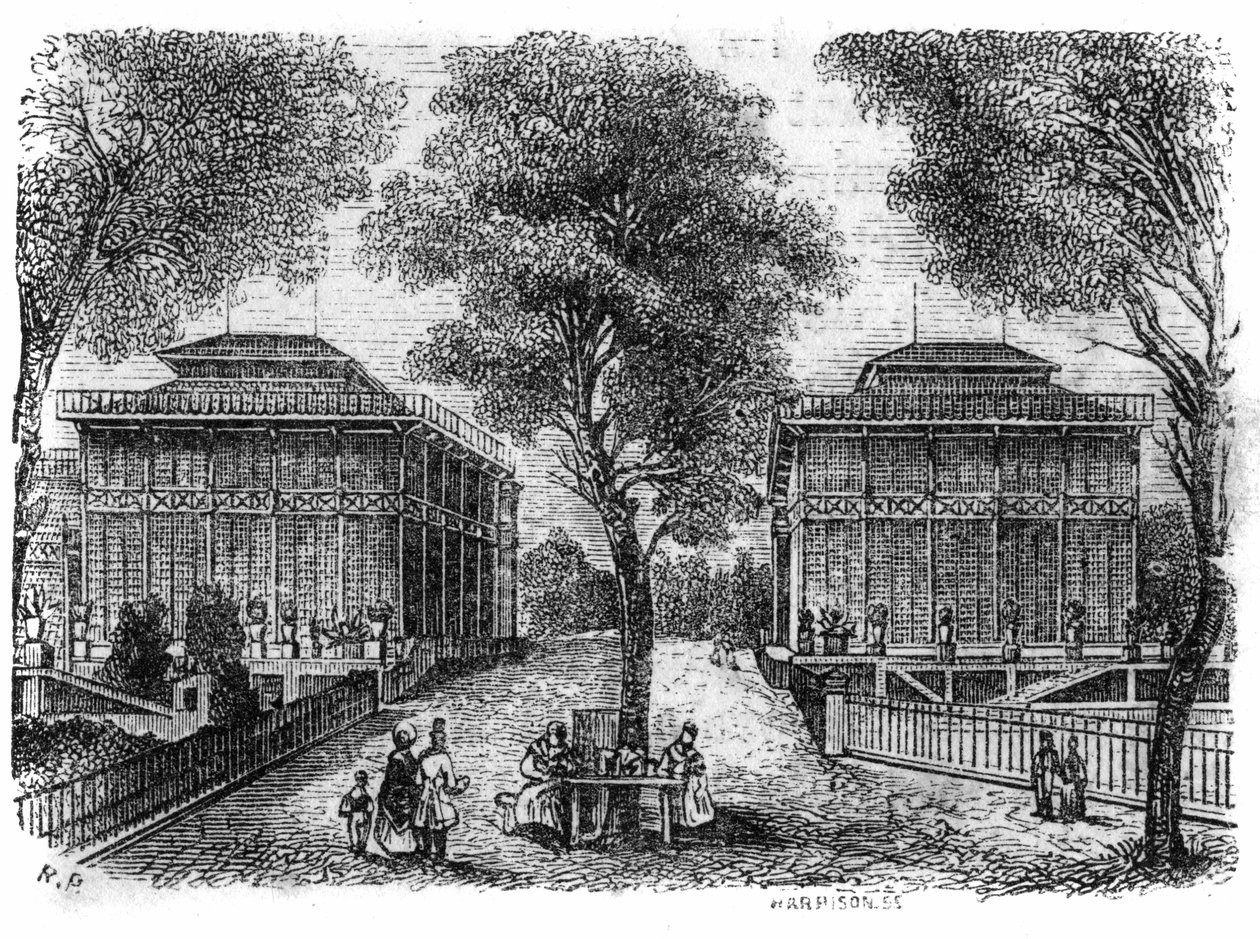 Jardin des Plantes Pariisissa vuonna 1861: rautaiset paviljongit. tekijältä Unknown artist