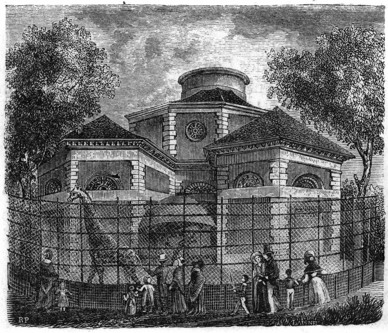 Jardin des Plantes Pariisissa vuonna 1861: norsujen ja kirahvien rotunda. tekijältä Unknown artist