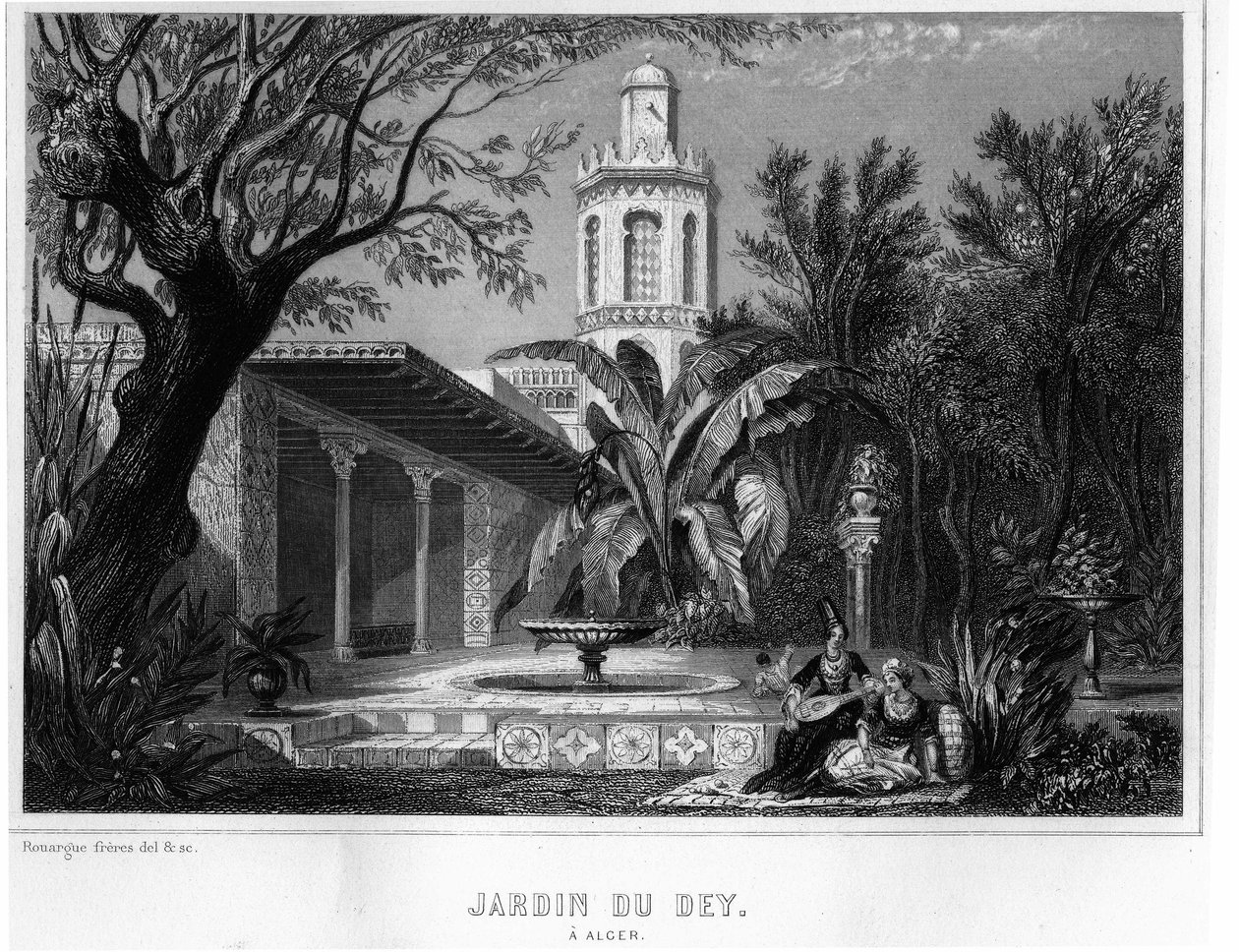 Jardin du dey Algerissa, joka sijaitsee Kasbahin (casbahin) linnoitettulla alueella, Ranskan armeijan päällikön pääasunto vuonna 1830 - Leon Galibertin "" L