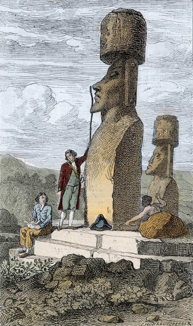 Jean-Francois Galaup, Comte de La Perousen englantilainen navigaattori ja tutkimusmatkailija pääsiäissaarella Aasian-matkansa aikana tekijältä Unknown artist