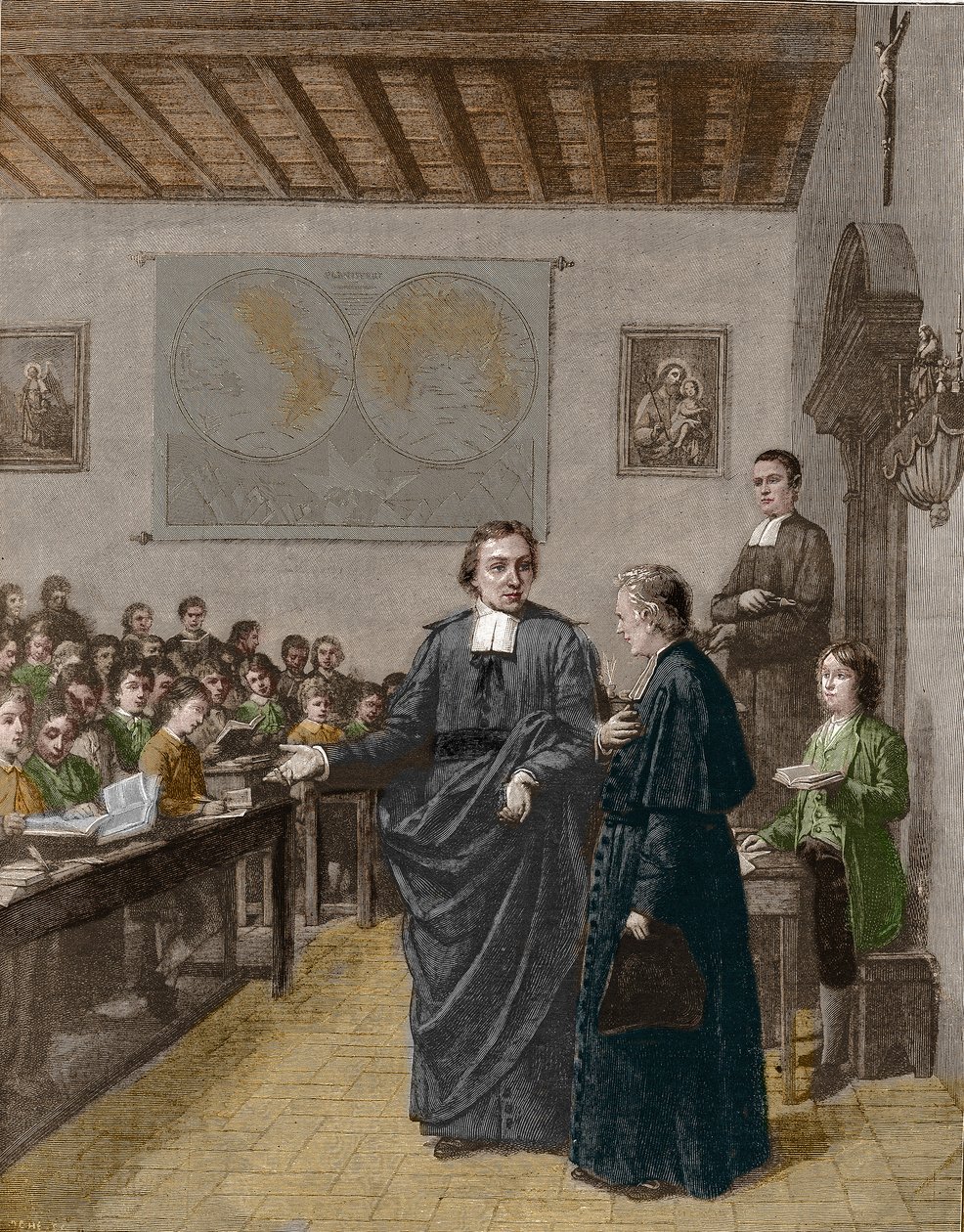 Jean Baptiste De La Salle (Jean-Baptiste) (1651-1719) ranskalainen uskonnollinen, kristillisten koulujen veljesten seurakunnan perustaja, esitteli yhtä koulustaan herra de La Chetardielle. Kaiverrus 1800-luvun lopulta. tekijältä Unknown artist